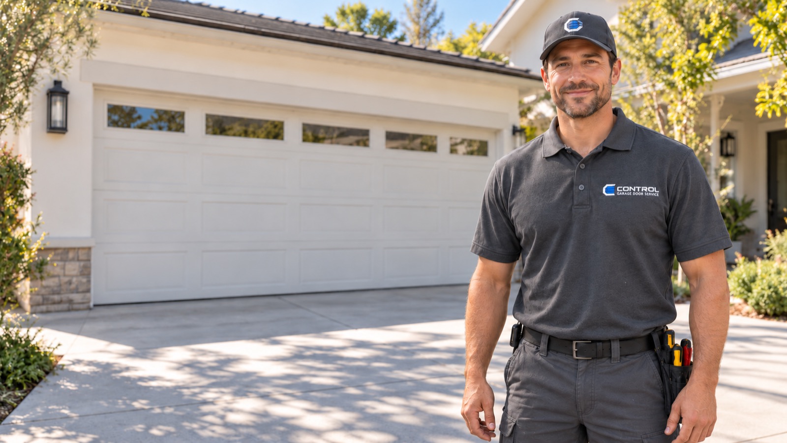 Illustration of a CONTROL technician outside a residential garage